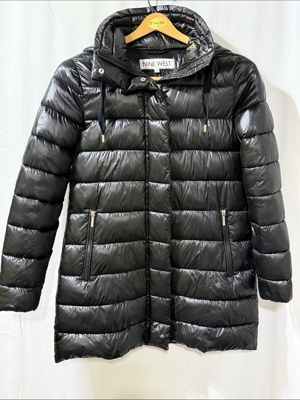 Nine West Shiny Black Hooded Long Puffer Jacket